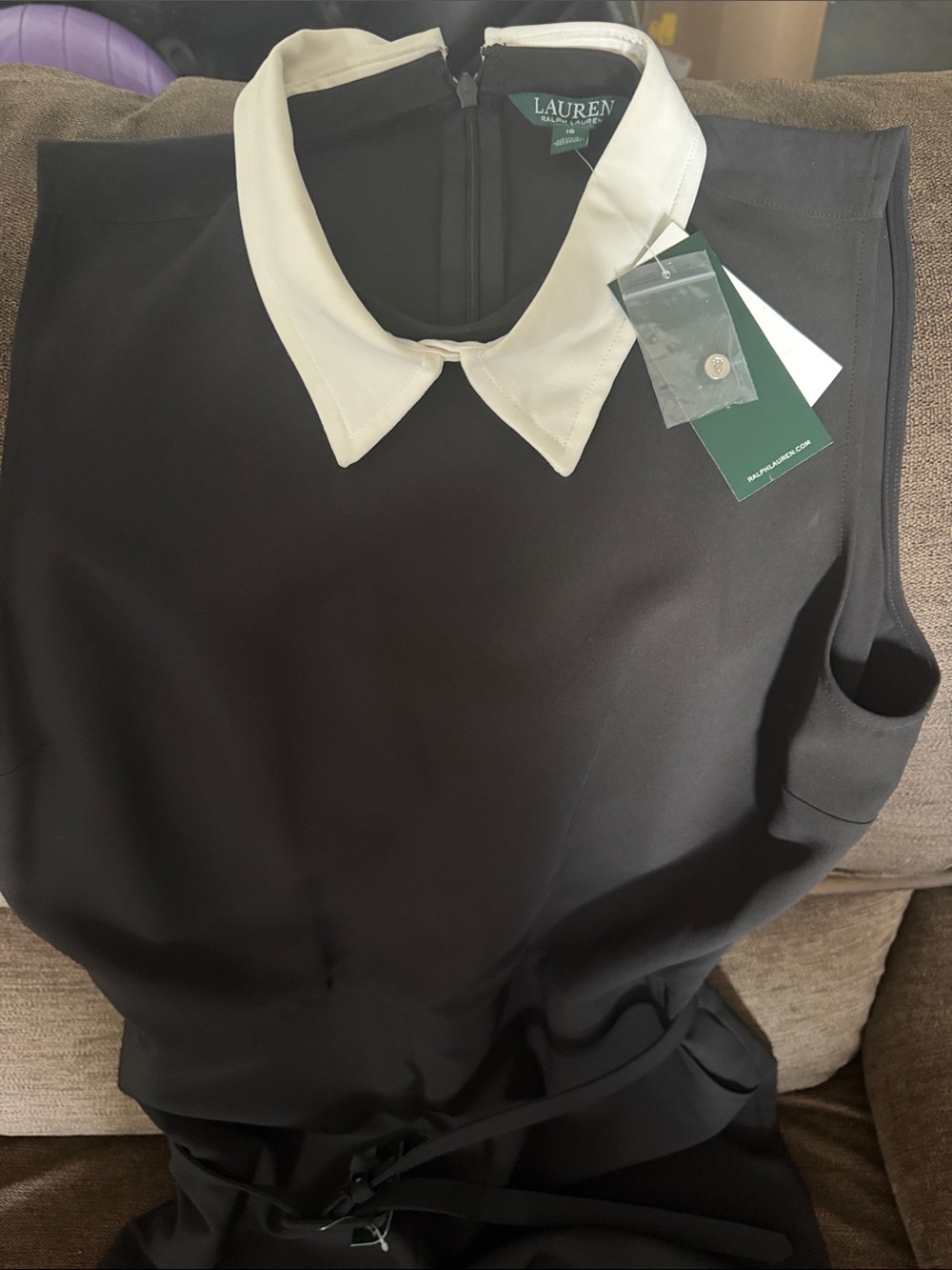 Ralph Lauren Black Sleeveless Jumpsuit with Waist Tie. White collar.
